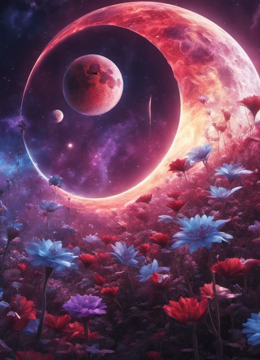 Cosmic Moon Surrounded by Alien Flowers