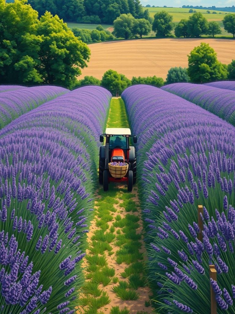 Lavender Field with Tractor in Gouache Style
