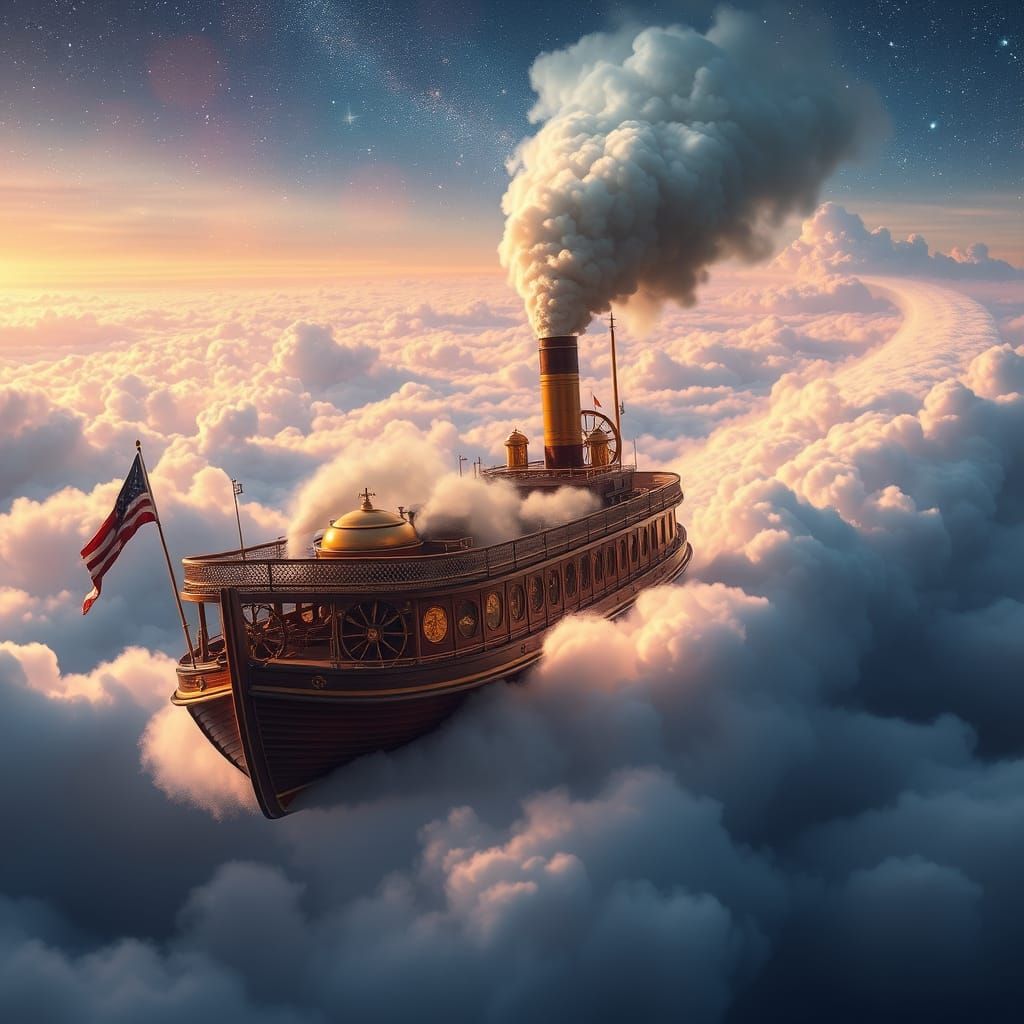 Majestic Steam-Powered Paddle Boat Glides Through Iridescent...