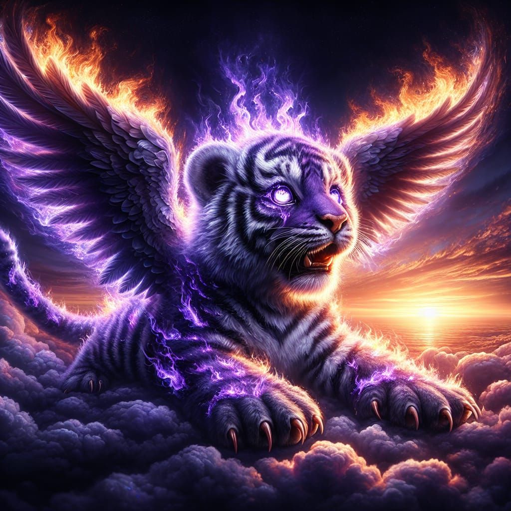 Violet Tiger with Angelic Wings and Flames