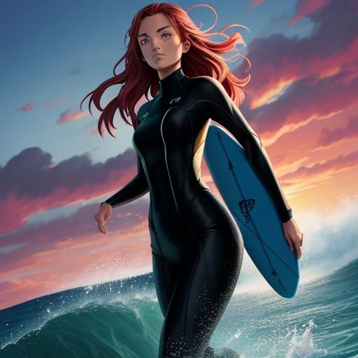 Sunset Beach: Anime-Style Surfer in Wetsuit
