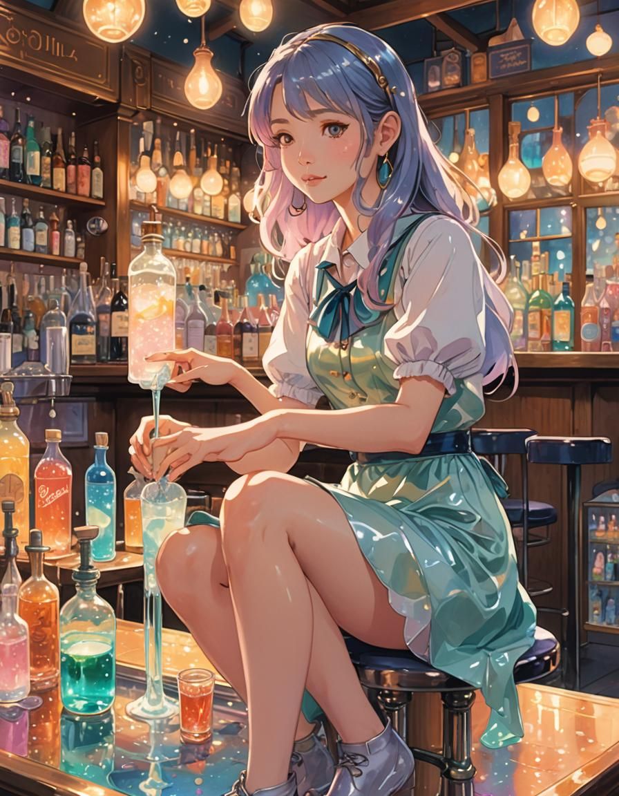 Anime Woman at Whimsical Soda Potion Fountain