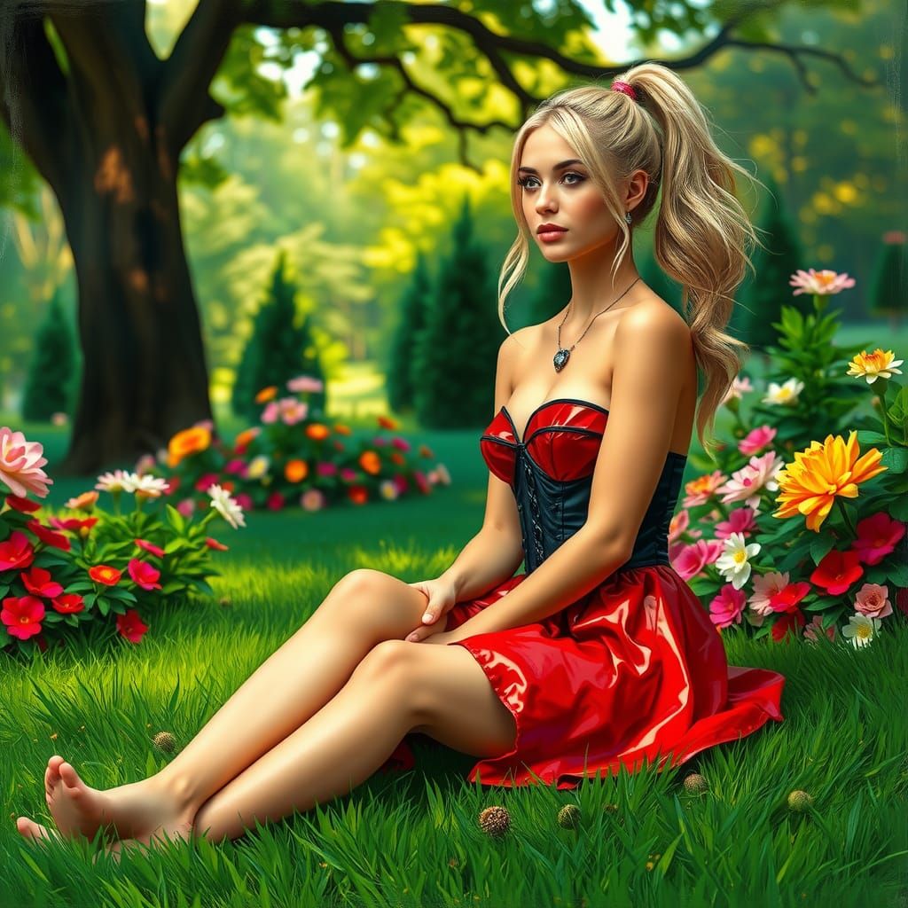 Woman in Red Dress in Lush Garden