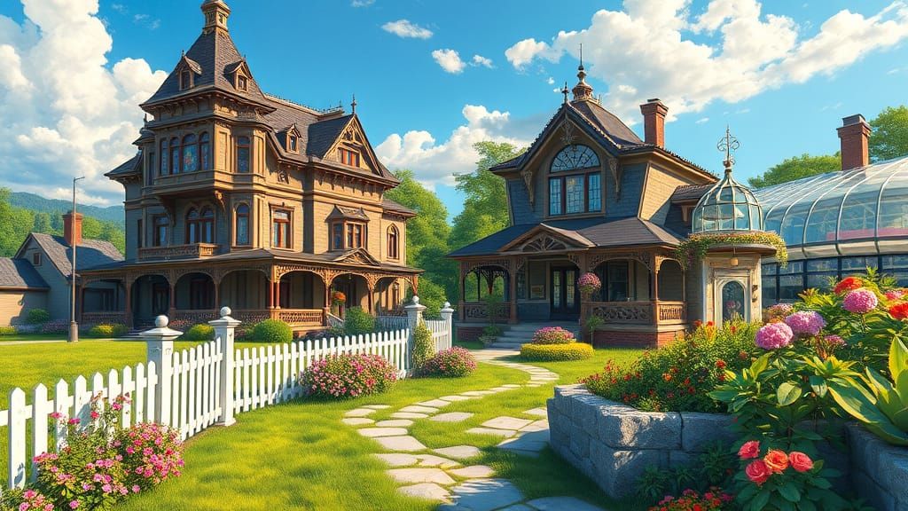 Ethereal Victorian Estate in a Whimsical Summer Landscape