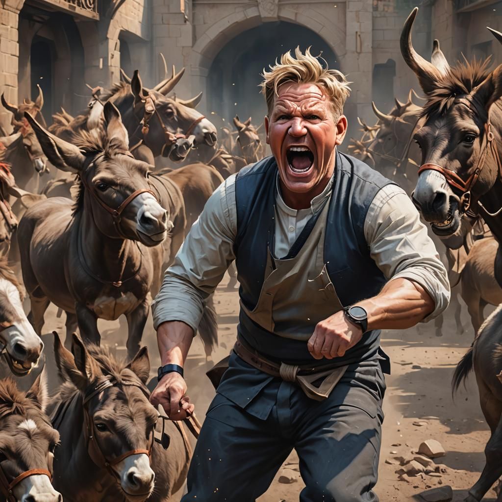 Gordon Ramsay Yelling at Donkeys: Hyperdetailed Portrait