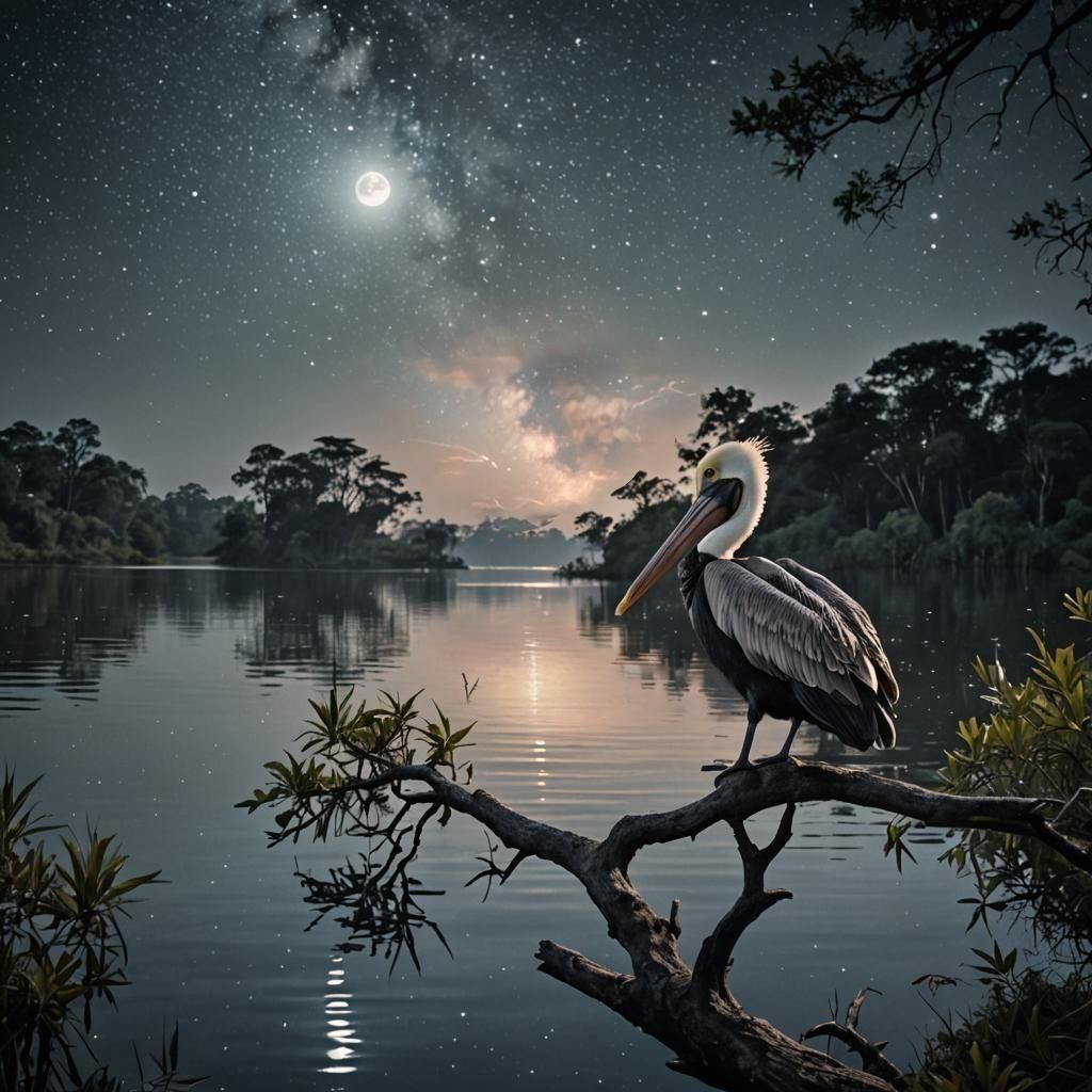 Pelican at night.