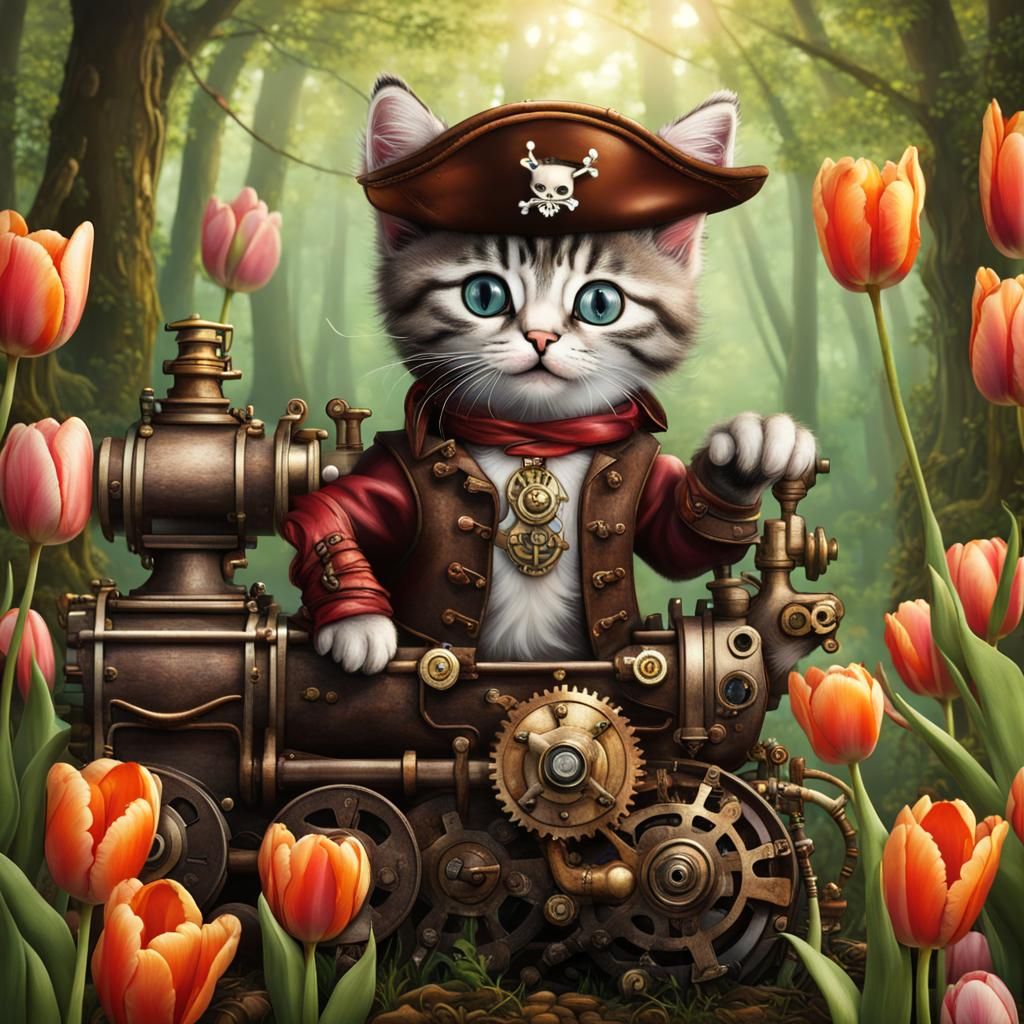 Kitten Pirate in Forest with Steampunk Engine