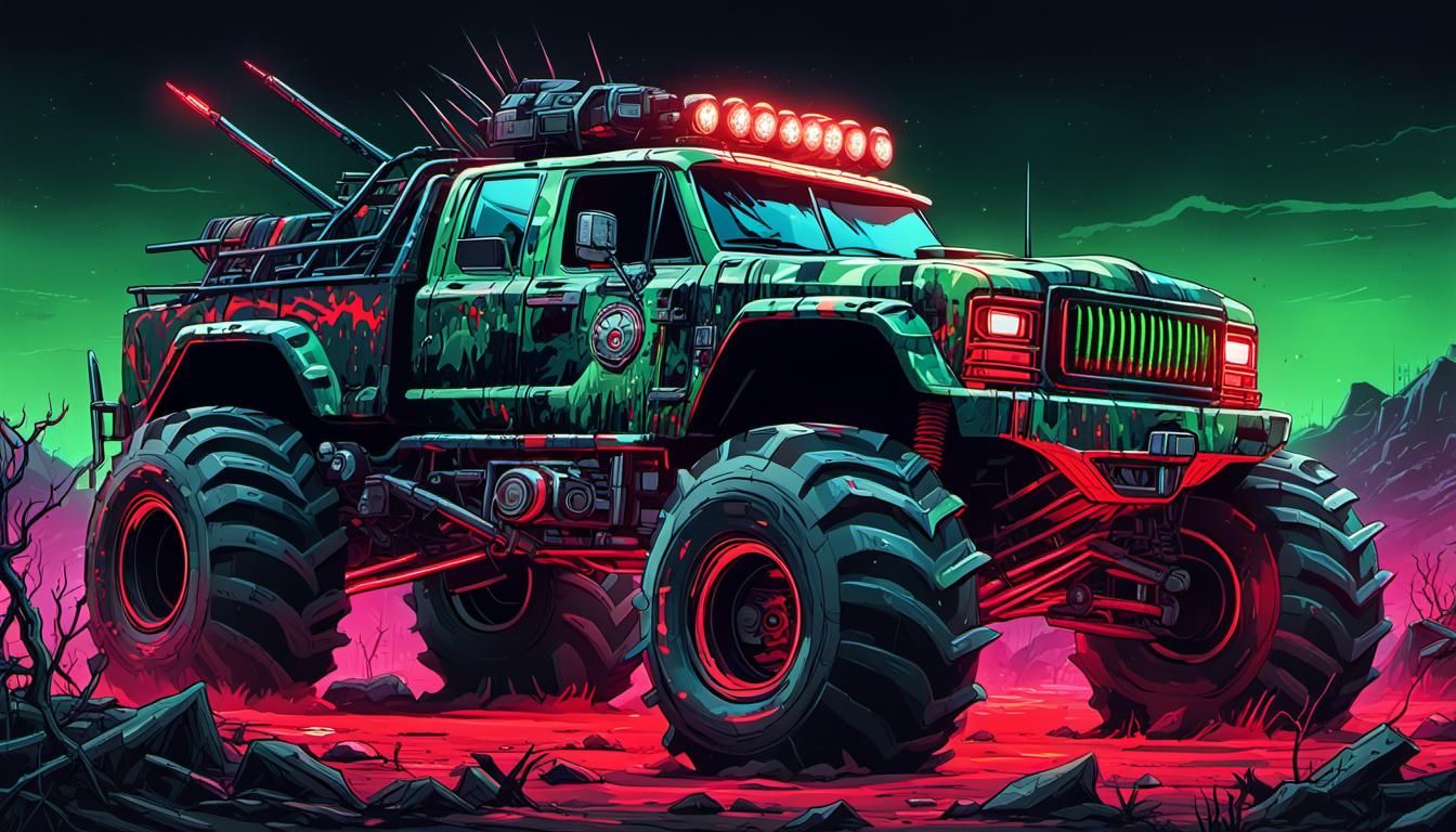 Cyberpunk Monster Truck in Apocalyptic Landscape