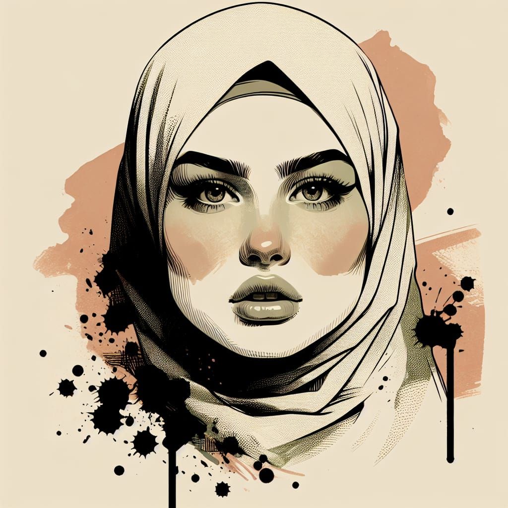 Modern Portrait of Hijabi Woman in Expressionist Watercolor
