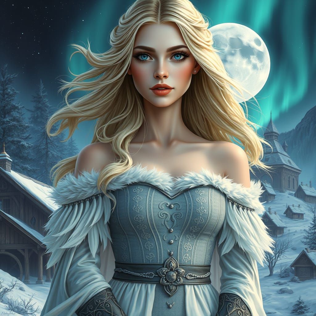 Ethereal Goddess in Ancient Village Under Full Moon