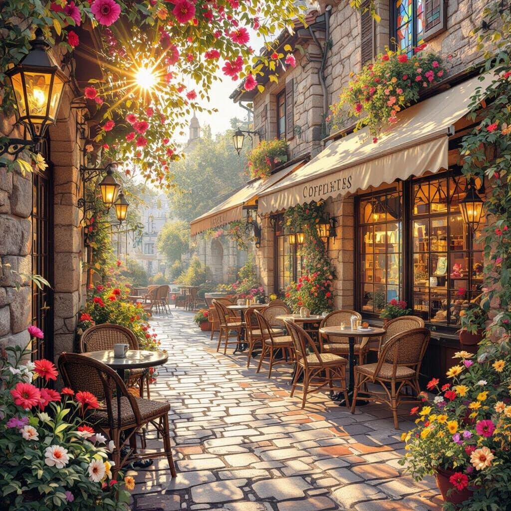 European Coffee Shop in Dreamy Collage Style