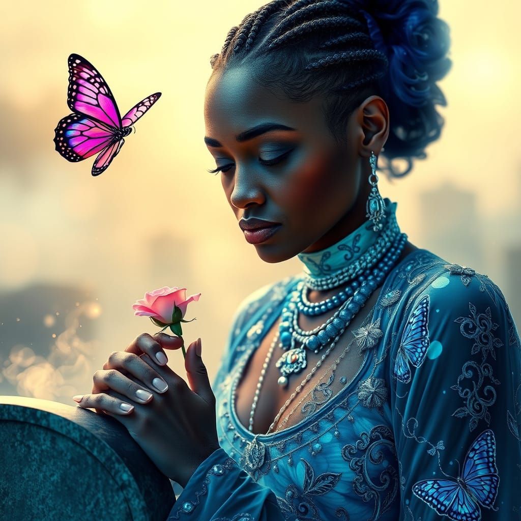 Ethereal African American Woman in Bioluminescent Mourning A...