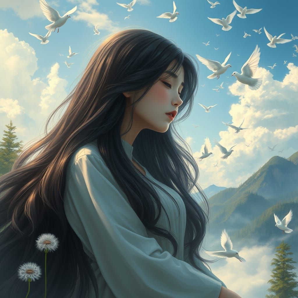 Dreaming Asian Girl Soars Through a Serene Ethereal Landscap...