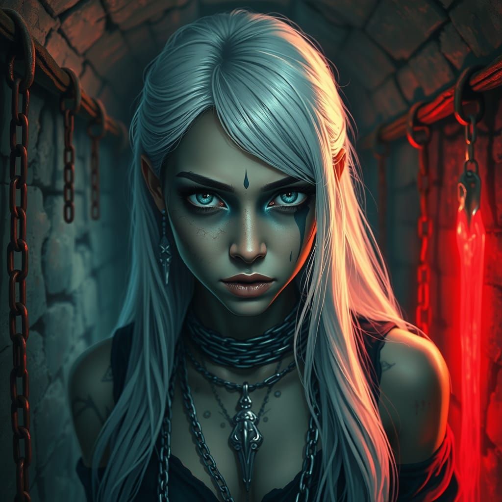 Ethereal Gothic Goddess in Dimly Lit Dungeon