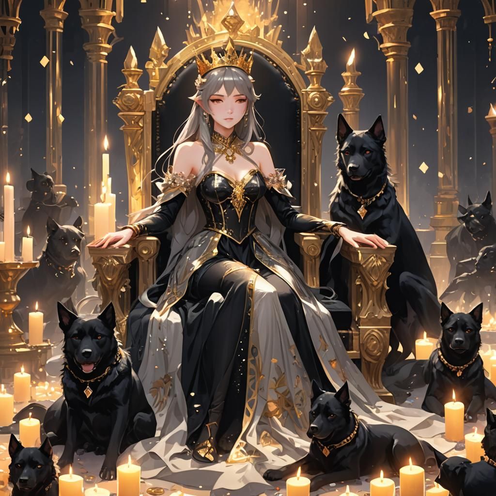 Anime Girl on Throne with Dogs and Crystals