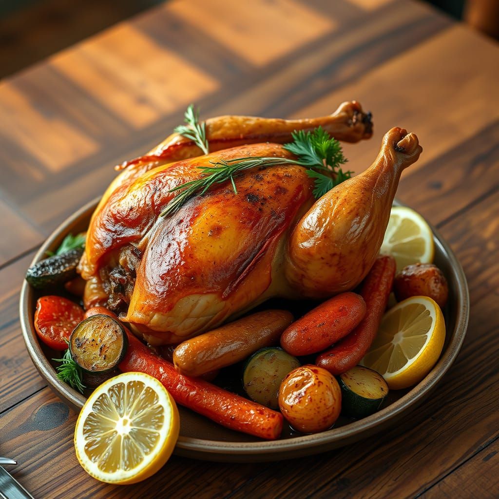Golden-Brown Roasted Chicken on Rustic Ceramic Plate