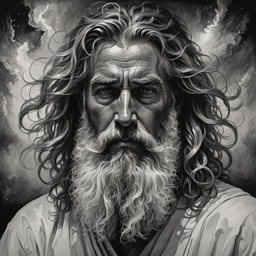 A striking monochromatic portrait of a man with cascading wa...