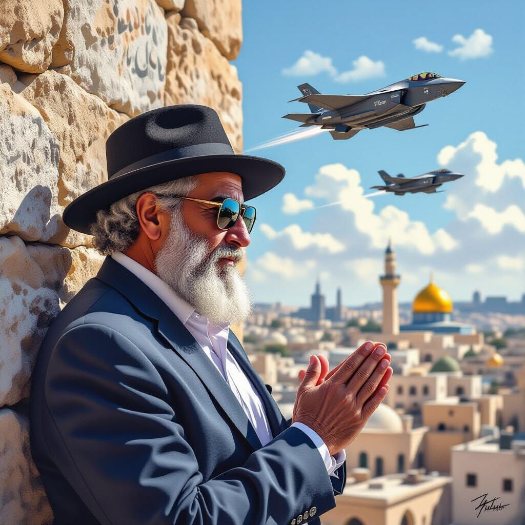 Netanyahu at Western Wall with F-35 Jets, Hyperrealistic Art
