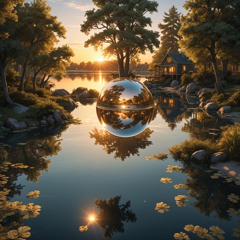 Glowing Orb Over Lagoon in Hyper-Realistic Digital Art