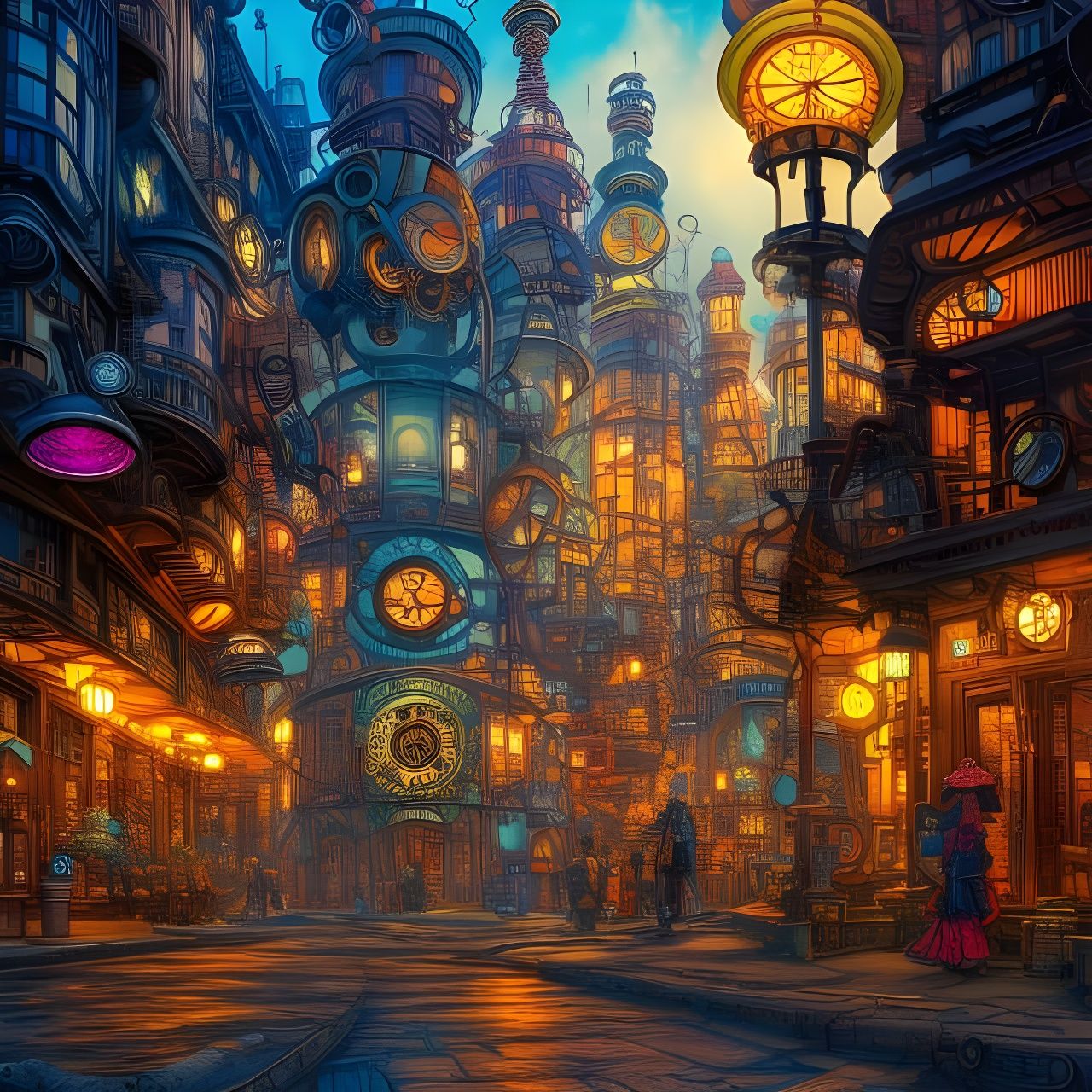 Fantastical Steampunk City in Japanese Art Style