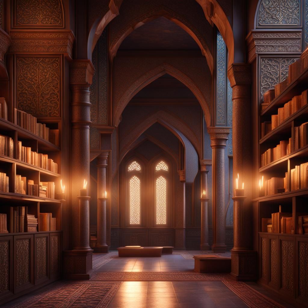 Bookshelf Inside Mosque with Glowing Pillars