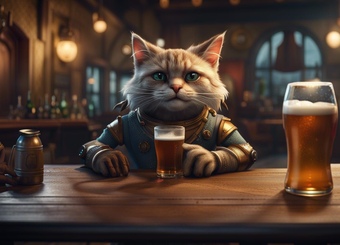 Anthropomorphic Cat Enjoying Beer, Detailed Digital Art