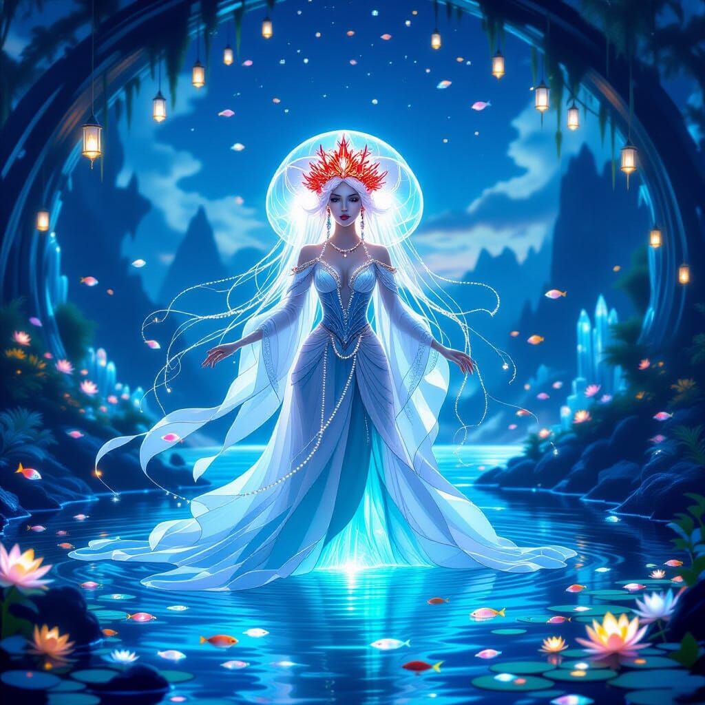 A regal jellyfish queen rising from a sapphire tide pool at twilight