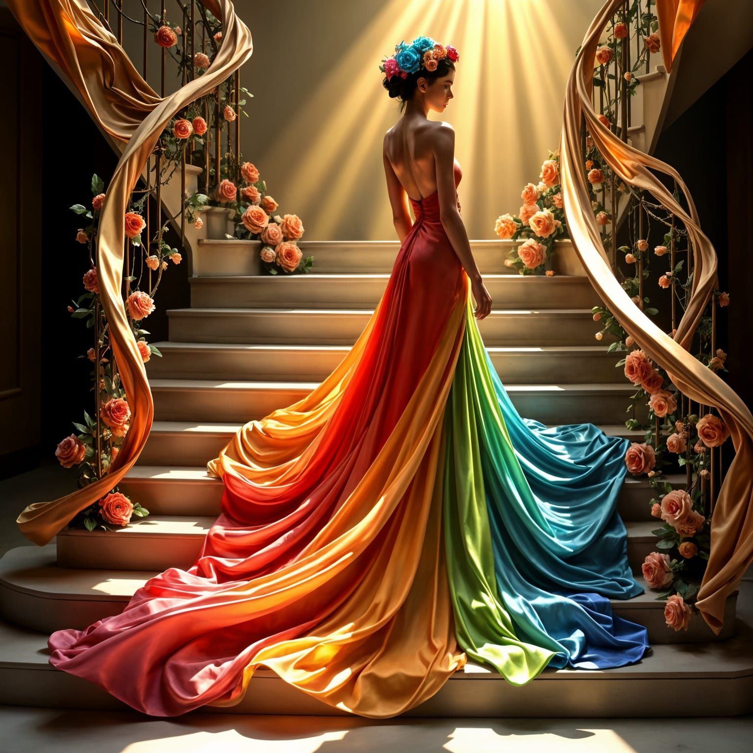 Rainbow Silk Gown Fashion Shoot on Grand Staircase