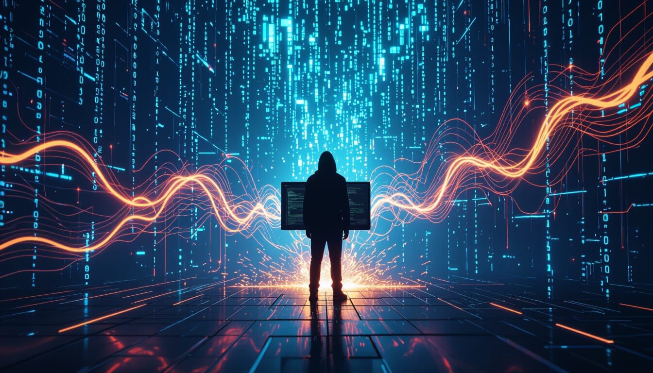 Hacker in Futuristic Cyberpunk Environment with Digital Code