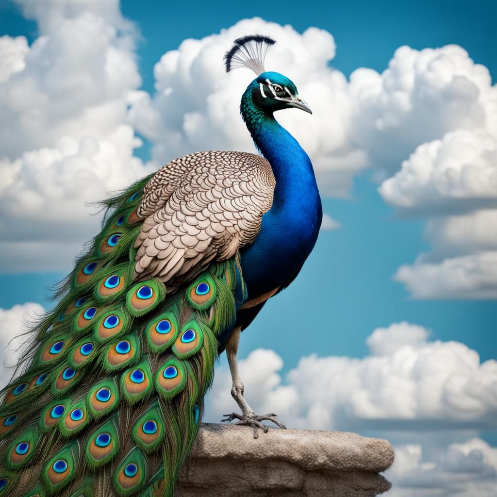 Peacock Balances by White Waterfall