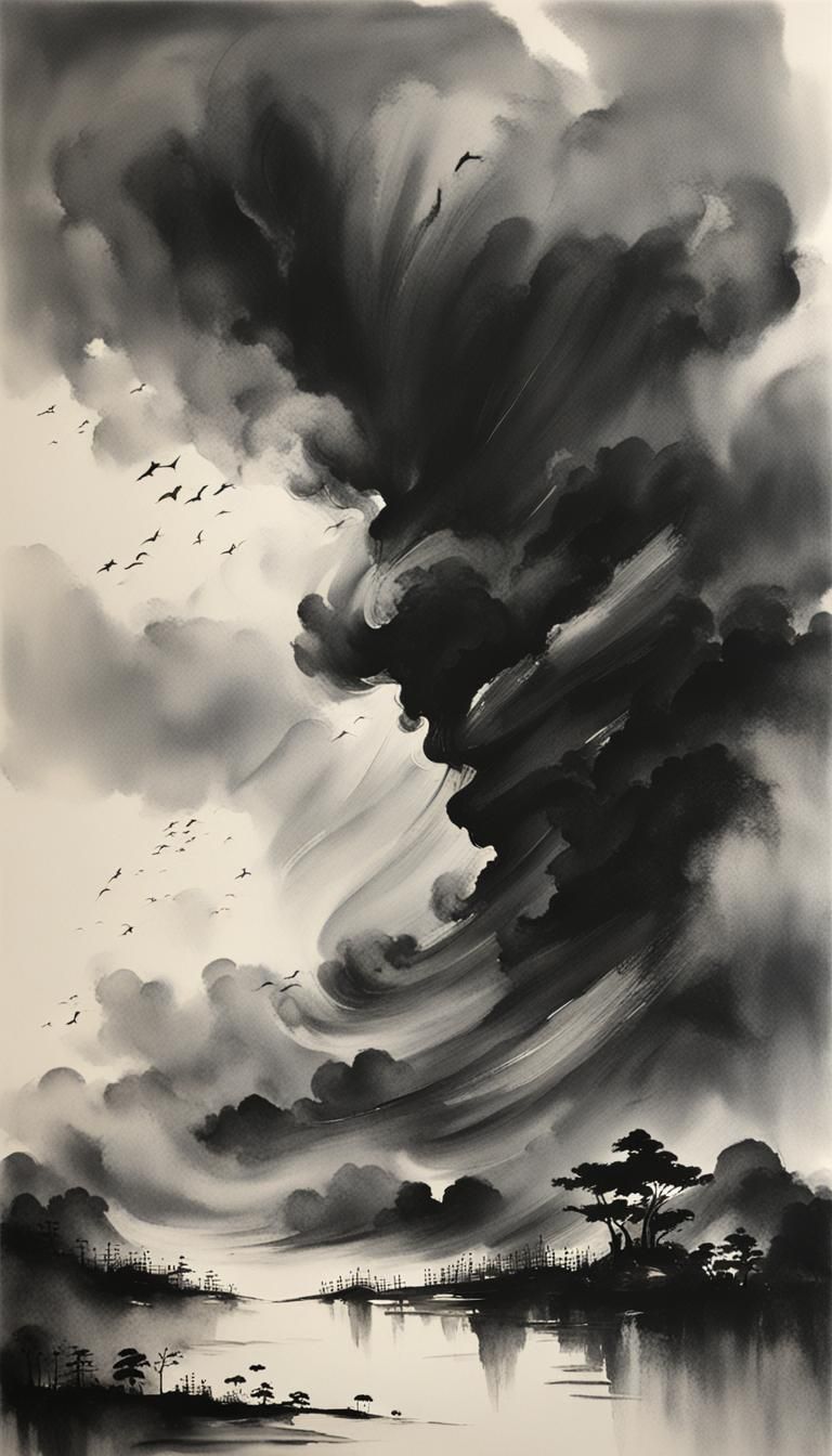 Minimalist Chinese Ink Painting of a Tornado