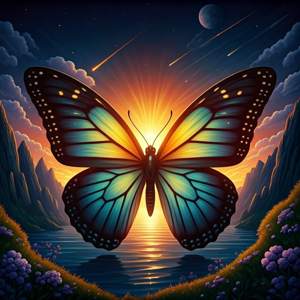 Surreal Sunrise Landscape Inside Butterfly Illustration
