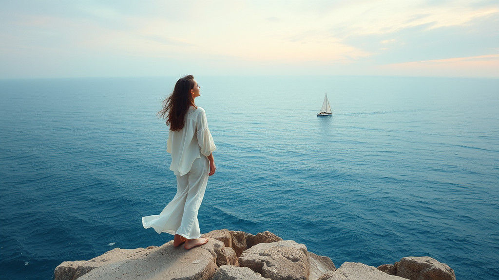 Contemplative Woman at Cliff's Edge, Romantic Seascape