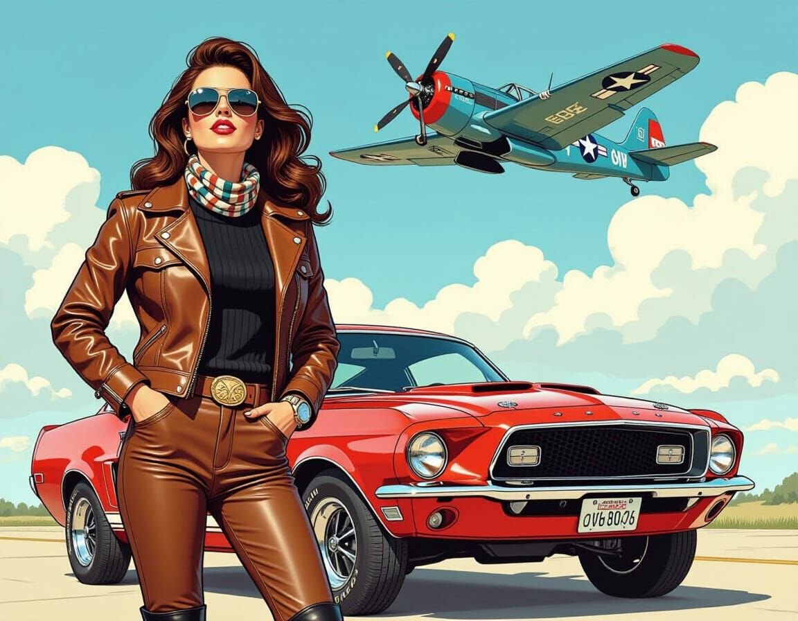 Brunette Pilot with Mustang and Corsair in Comic Art