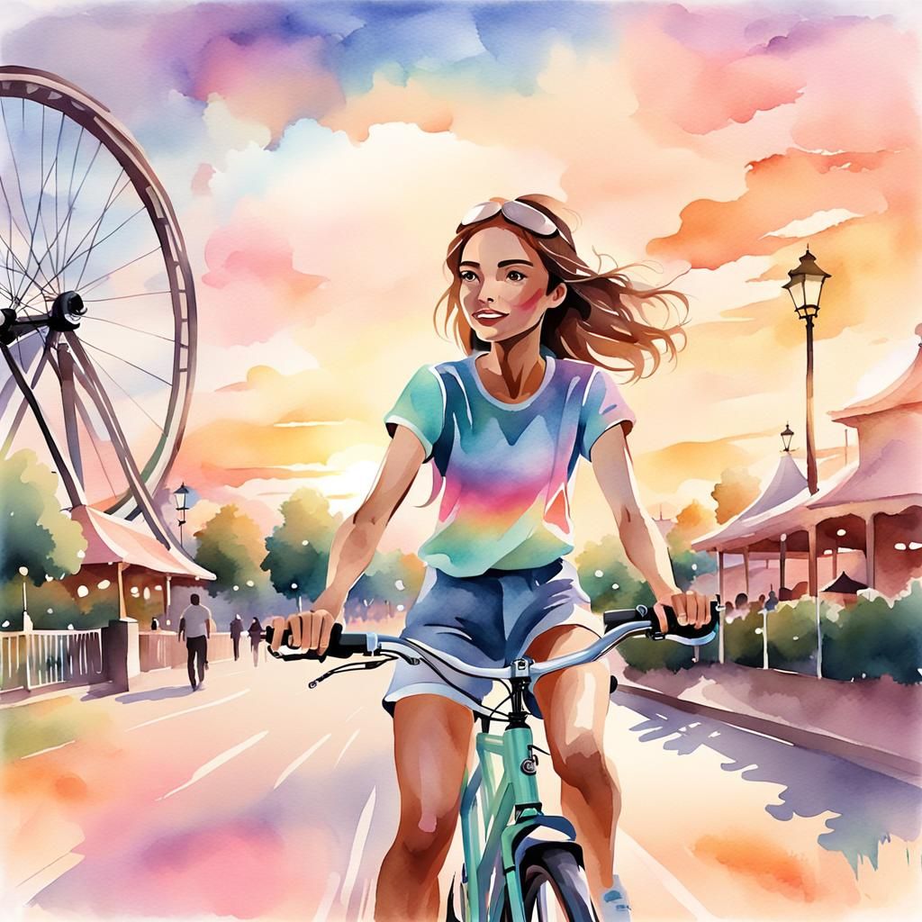 Charming Girl on Bike, Vector Watercolor Sunset