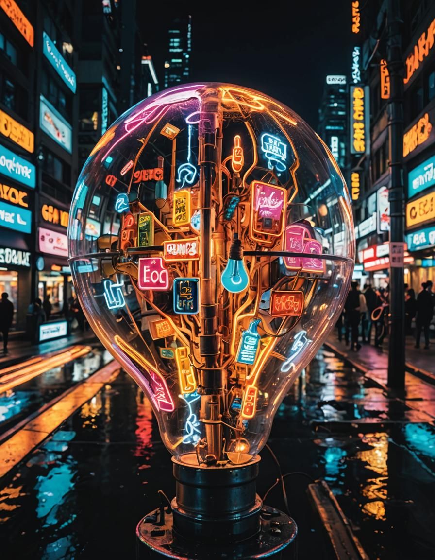 Cityscape Inside Lightbulb with Neon Reflections