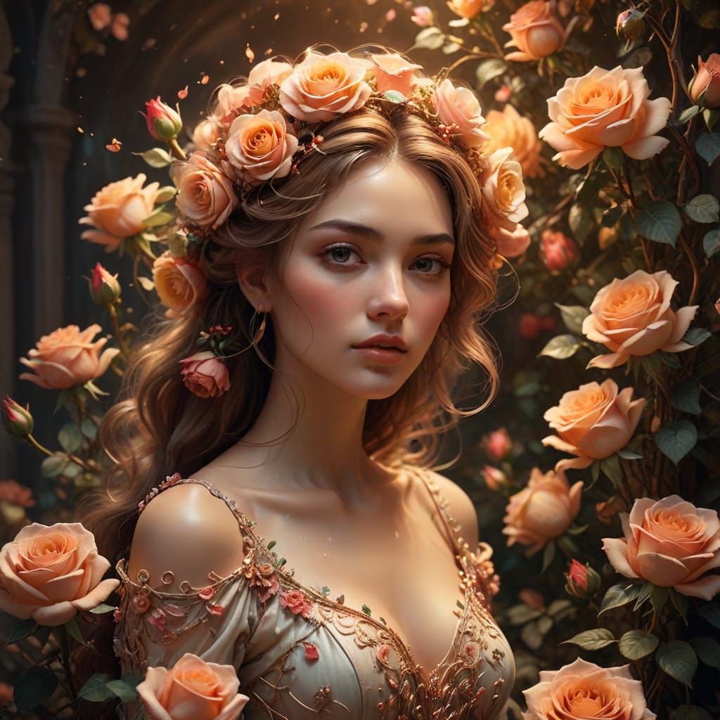 Surreal Digital Painting of Woman Adorned with Roses
