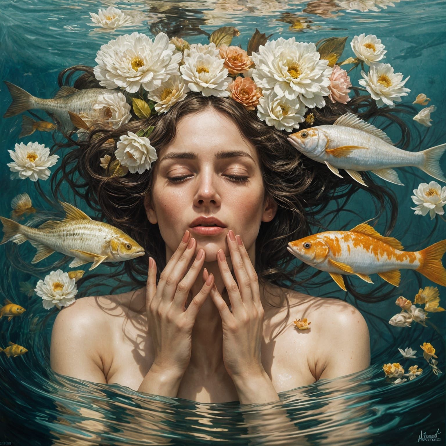 Woman in Water with Flowers: Detailed Oil Painting