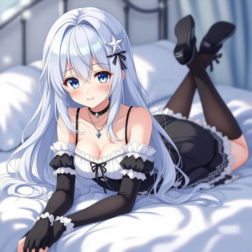 Anime Girl Lying on Bed in Lace Dress
