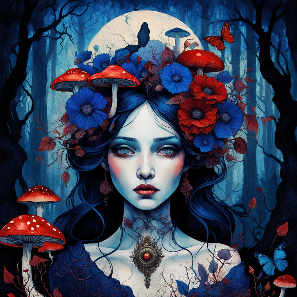 Dreamlike Dada Goddess in Eerie Forest Landscape