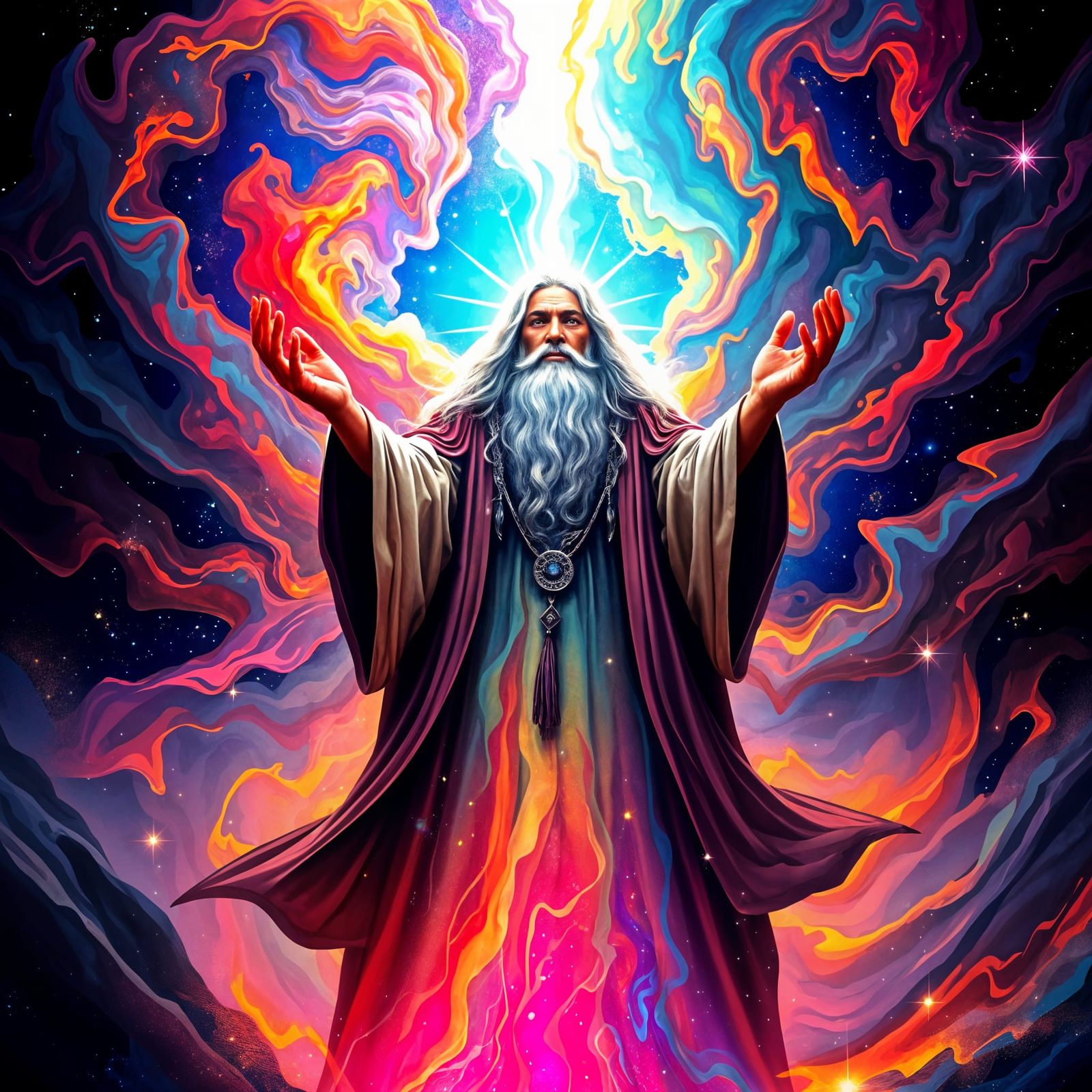 Cyberpunk God Shapes Reality AmidstStars and Galaxies