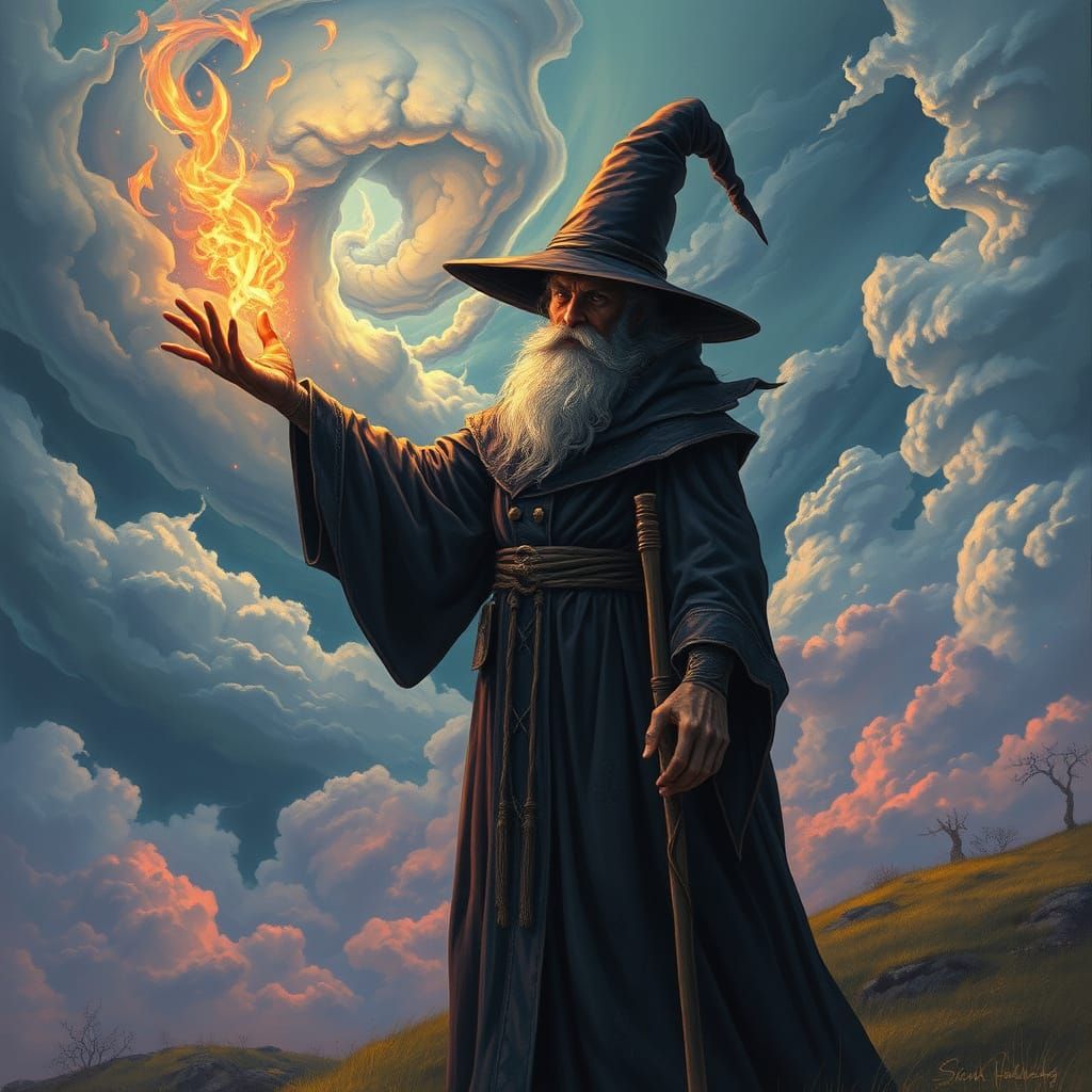 Mystical Wizard Casting Spell in a Fantasy Landscape