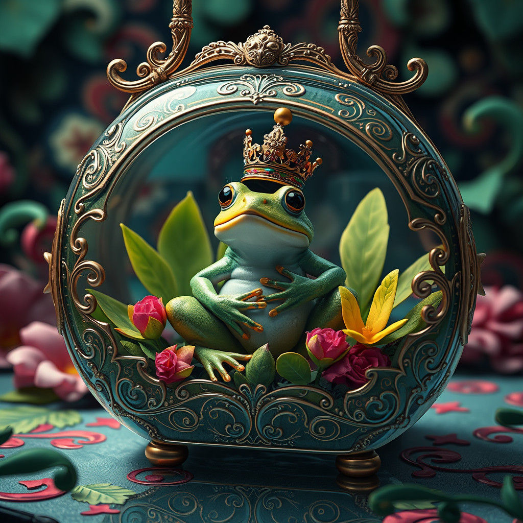 Ornate Glass Handbag with Crowned Frog, Detailed Matte Paint...