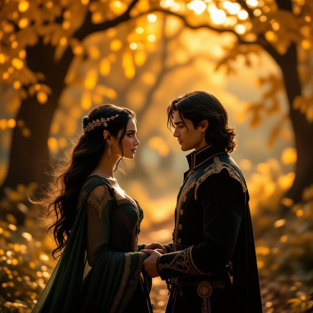 Dark Elf Woman Meets Prince in Sunlit Golden Forest