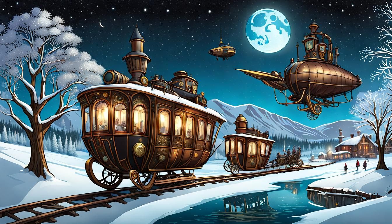 Steampunk Village in Winter, Watercolor Style