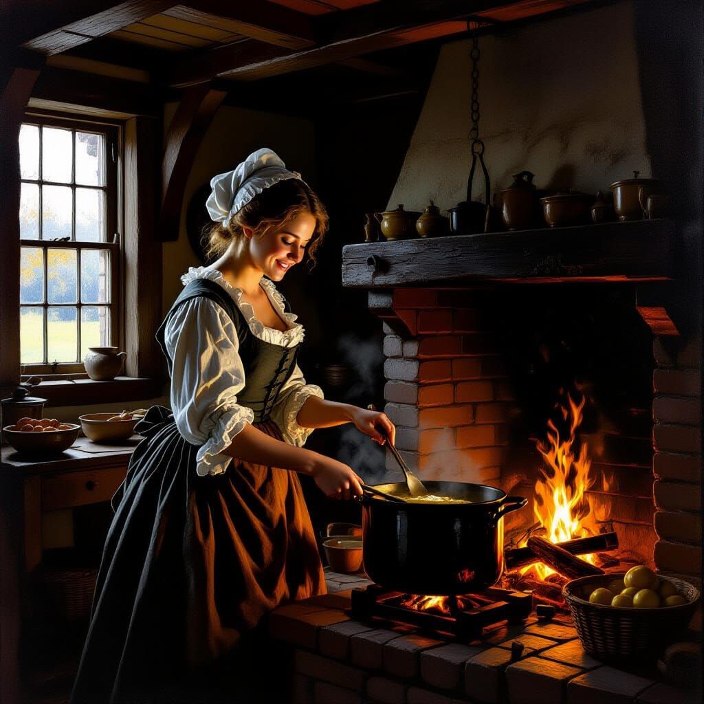 Colonial Woman Cooking in Tavern Kitchen