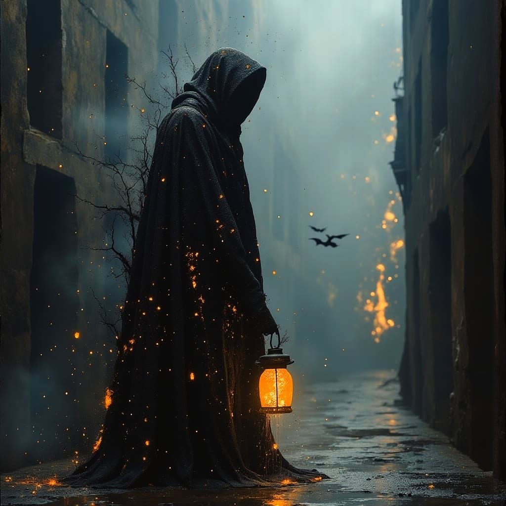 Mysterious Halloween Figure in Foggy Street