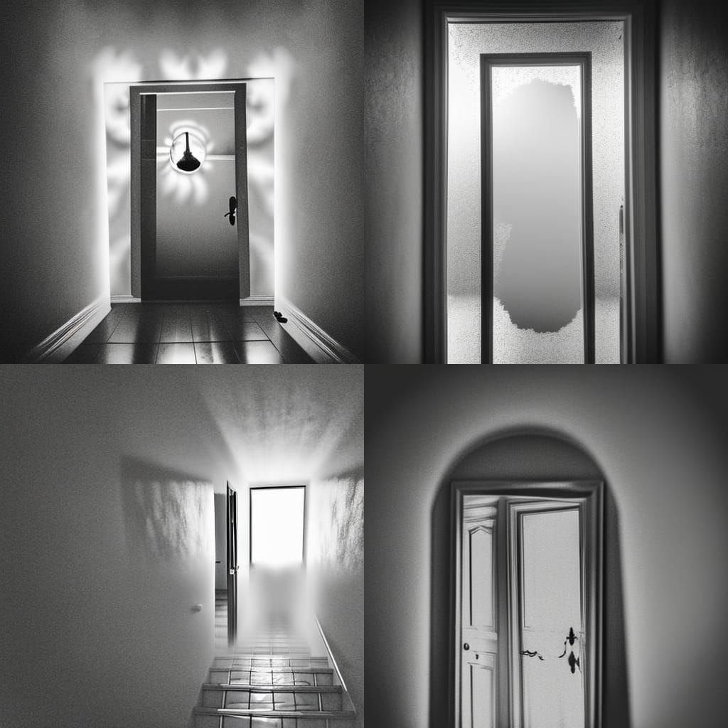 Eerie Mirror Door at Top of Stairs in Noir Style