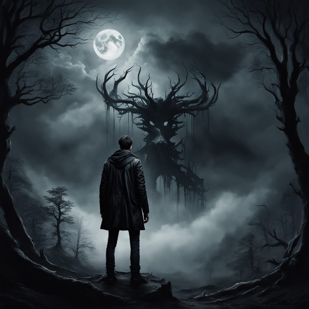 Man Confronts Dark Cloud in a Haunting Moonlit Landscape