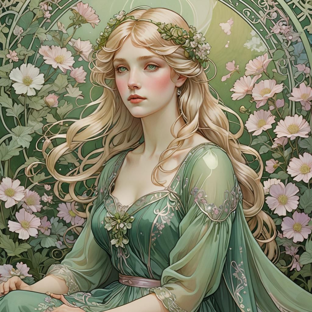 Art Nouveau Woman in a Flower Garden